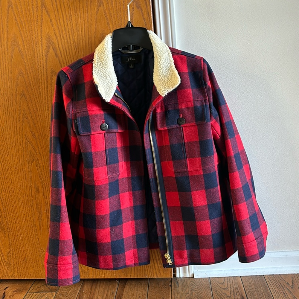 J Crew Buffalo Check Jacket with Shearling Lining